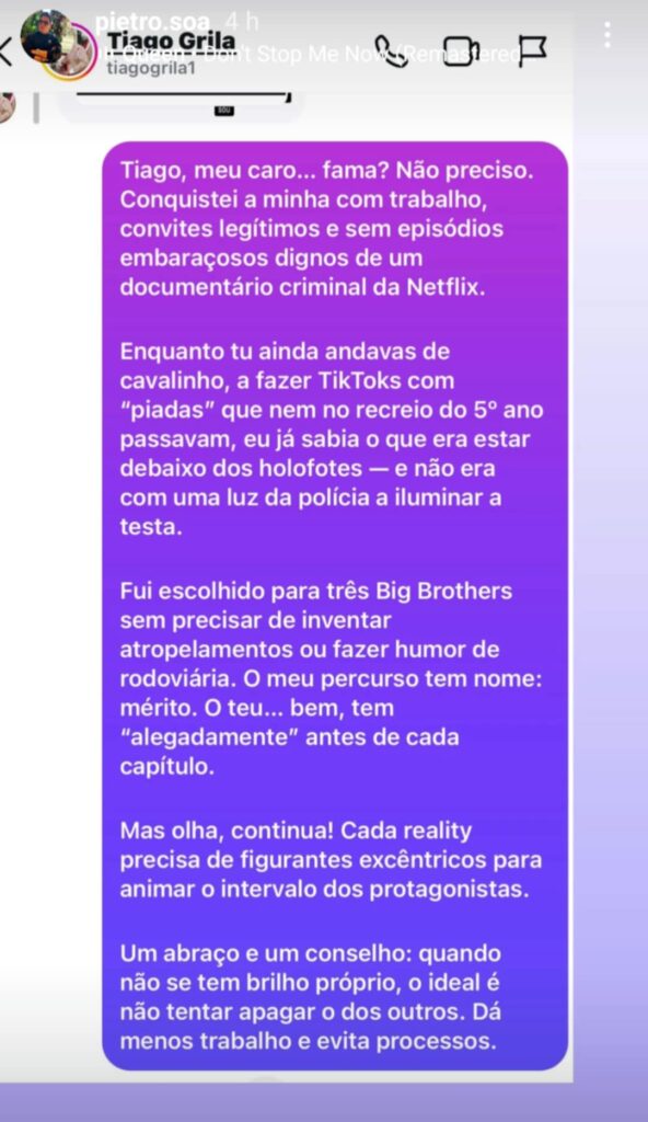 Tiago Grila no Big Brother? Pedro Soá reage: "Gostava de o apanhar dentro de um reality show"