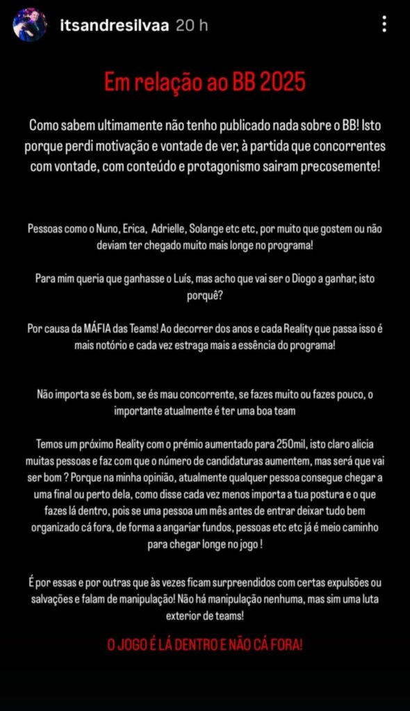 Ex-Big Brother atira-se à “máfia das teams”