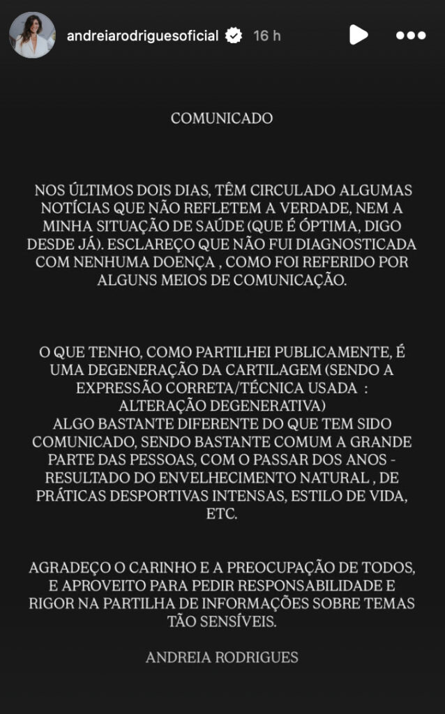 Andreia Rodrigues obrigada a fazer esclarecimento: "Não fui diagnosticada com nenhuma doença"
