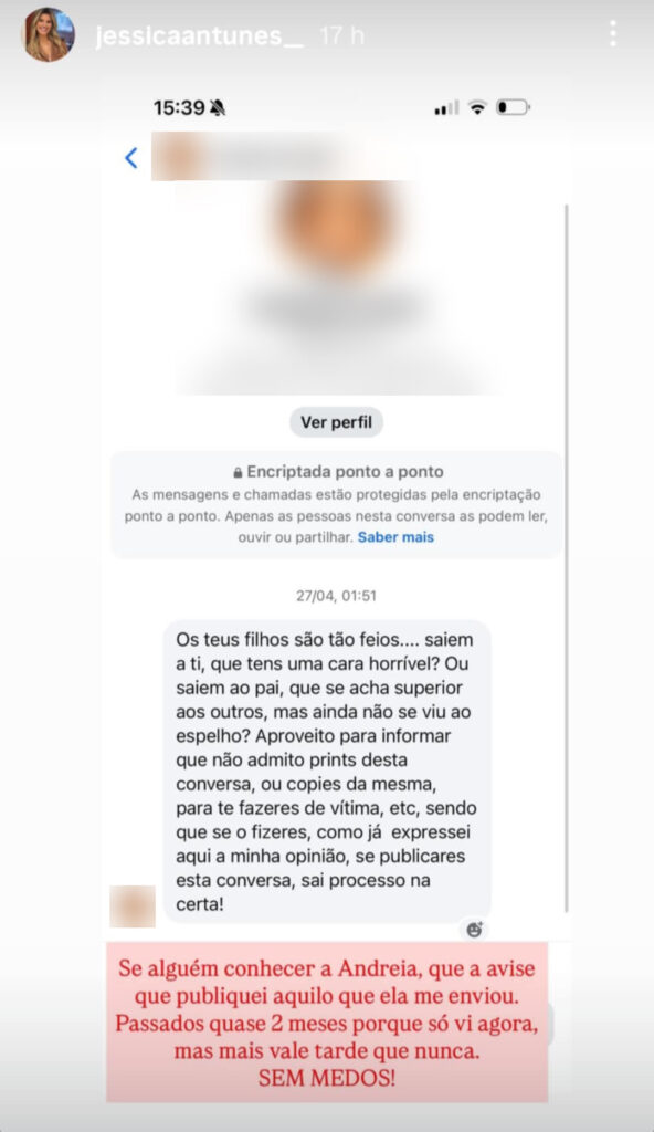 CHOCANTE! Jéssica Antunes expõe mensagem com ataques