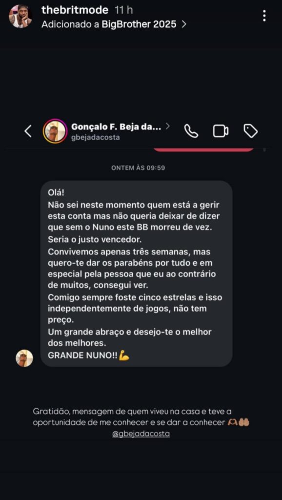 "Sem o Nuno [Brito], este Big Brother morreu de vez", atira ex-concorrente