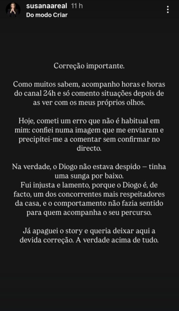 Susana Areal dá passo atrás e faz esclarecimento sobre Diogo Bordin do Big Brother