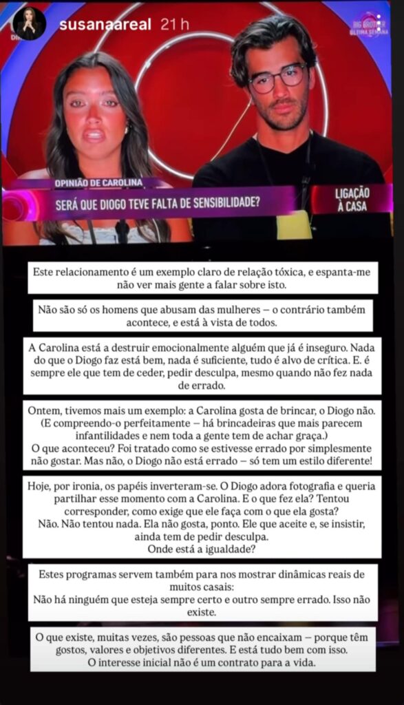 Susana Areal sobre Carolina Braga e Diogo Bordin do Big Brother: "exemplo claro de relação tóxica"