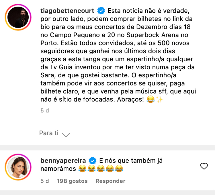 Benedita Pereira e Tiago Bettencourt já foram namorados? A reação da atriz