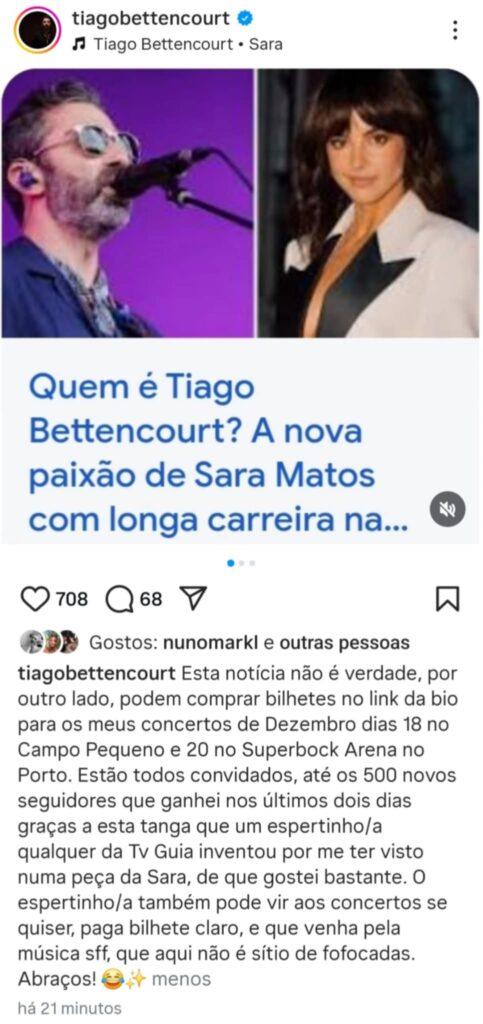 Apontado como novo namorado de Sara Matos, Tiago Bettencourt reage