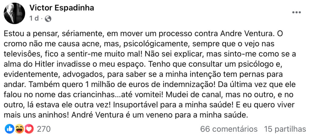 Victor Espadinha: “Estou a pensar, seriamente, em mover um processo contra André Ventura”