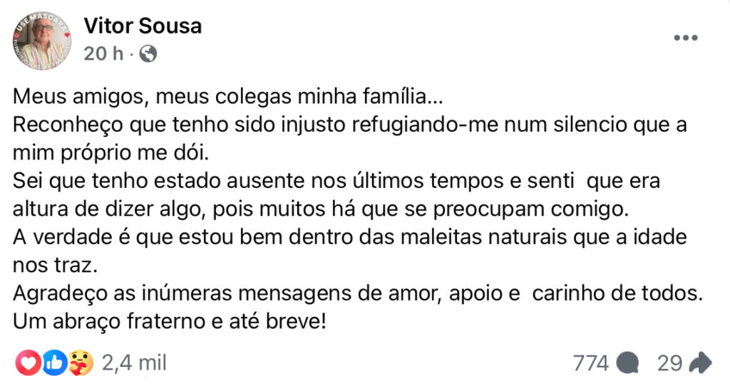 Após “desaparecimento”, Vítor de Sousa quebra o silêncio e confessa: “Reconheço que…”