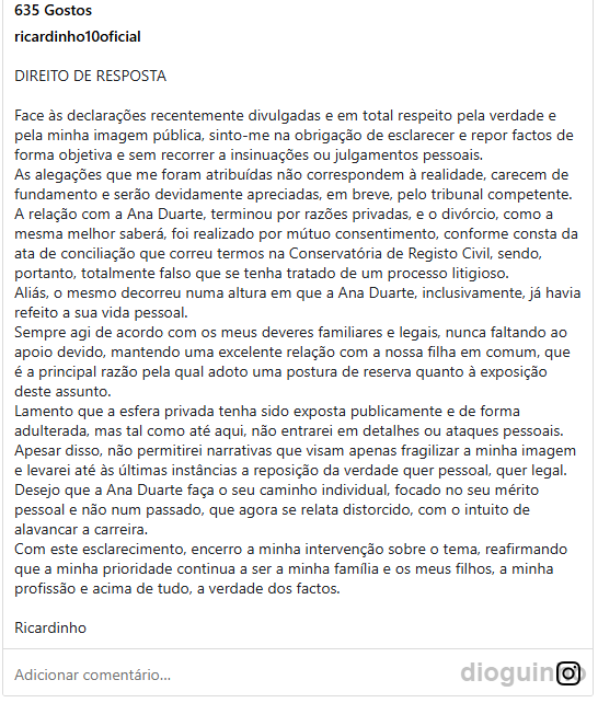 Ricardinho reage em comunicado após acusações de Ana Duarte no Big Brother