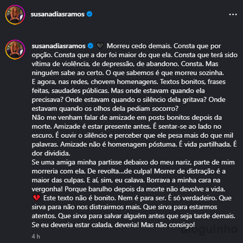 Chocante! Susana Dias Ramos fala de Teresa Caeiro: "Morreu cedo demais.
Consta que por opção"