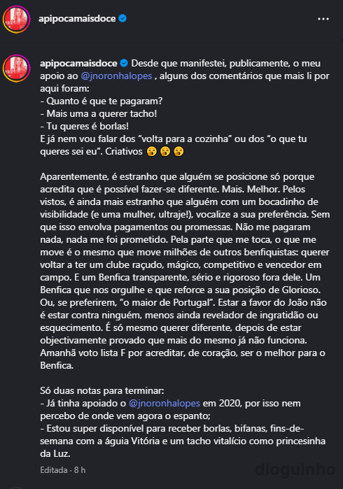 A Pipoca Mais Doce não escapa a polémica com Eleições do Benfica: “volta para a cozinha”