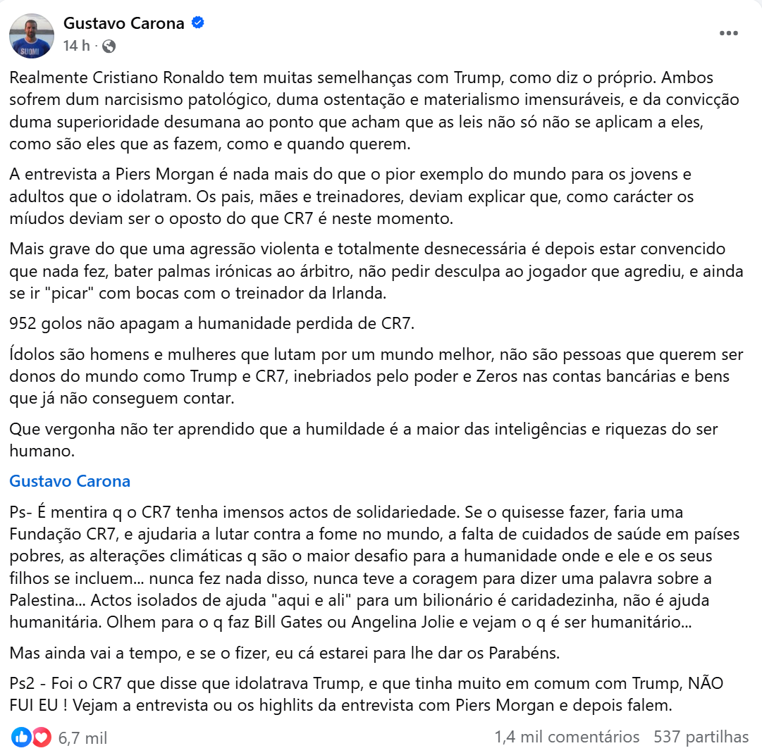 BOMBA! Gustavo Carona critica Cristiano Ronaldo: "952 golos não apagam a humanidade perdida"
