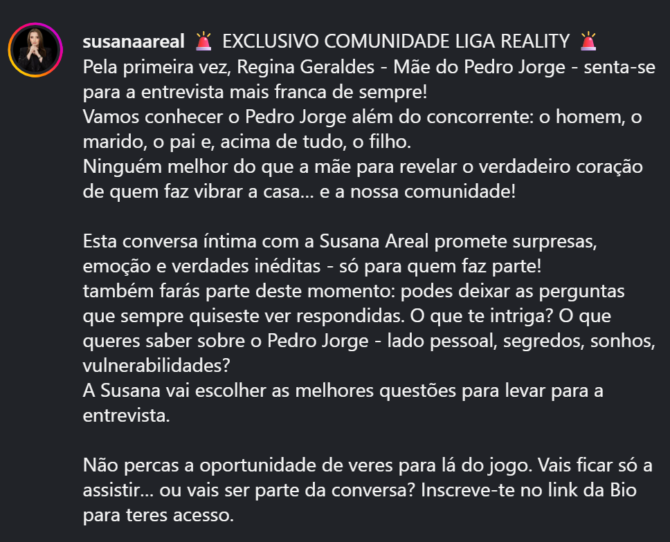 Susana Areal revela que vai entrevistar Regina Geraldes, mãe do Pedro Jorge da Casa dos Segredos