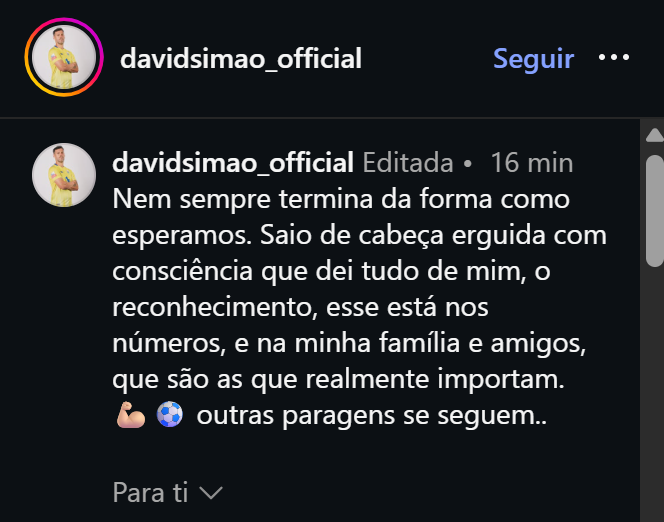 "O adeus de David Simão ao Arouca: 'Nem sempre termina da forma como esperamos'"