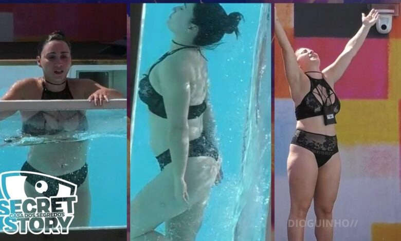 Momento épico: Ana Sousa desfila em lingerie e acaba com mergulho 'louco' na piscina