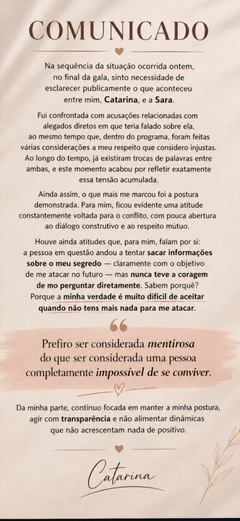 Sara Jesus responde à letra ao comunicado de Catarina Quintas: "Mentiu nos castings"