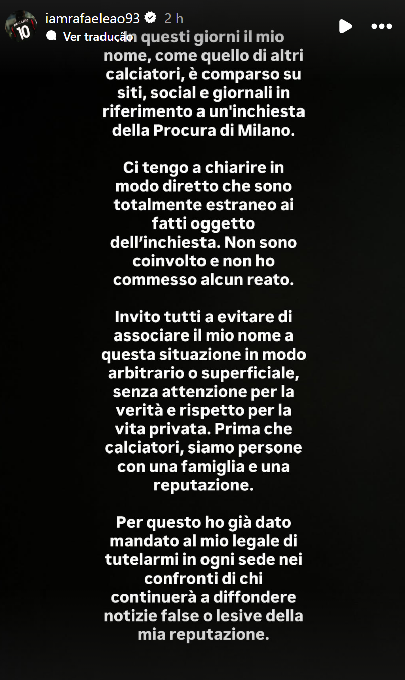 Rafael Leão reage a alegado escândalo de prostituição em Itália