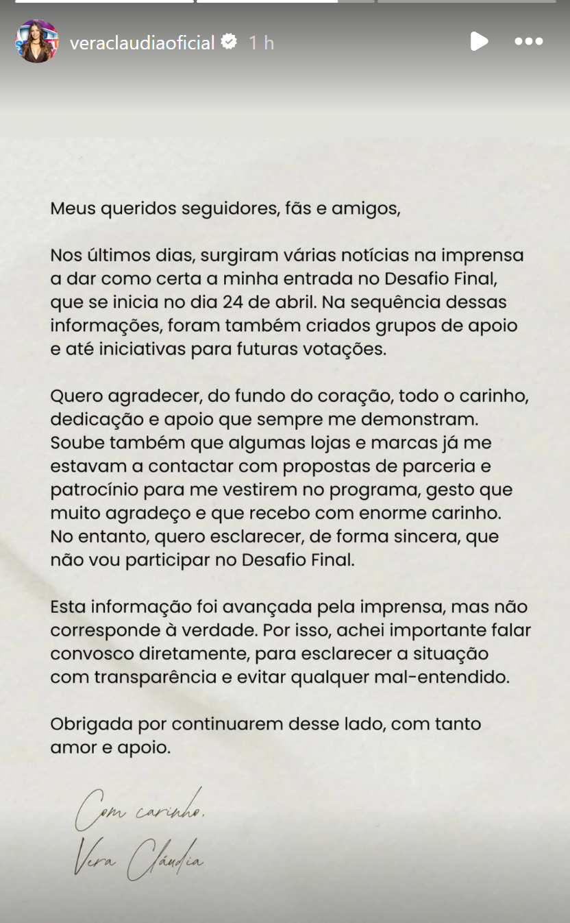 Vera Cláudia faz comunicado sobre a sua entrada no 'Desafio Final' na TVI