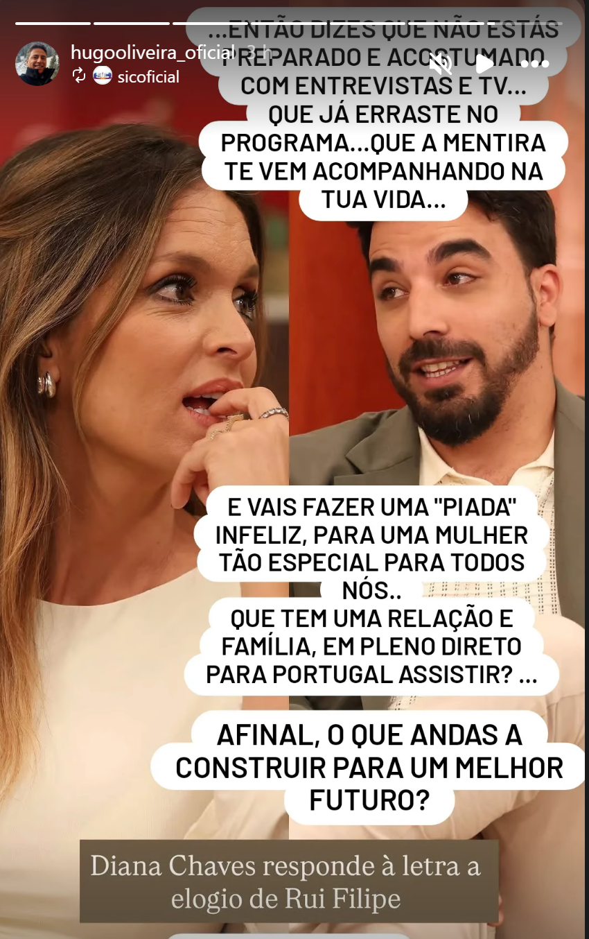 Hugo Oliveira arrasa Rui Filipe após comentário sobre Diana Chaves: "Piada infeliz"