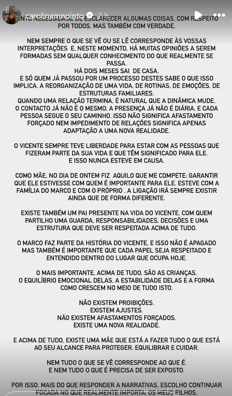 Carolina Pinto reage a rumores de afastamento entre Marco Costa e o filho