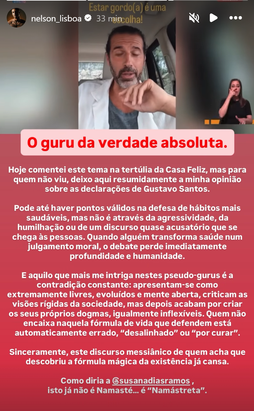 Nelson Lisboa 'condena' polémica de Gustavo Santos: "Transforma a saúde num julgamento moral"