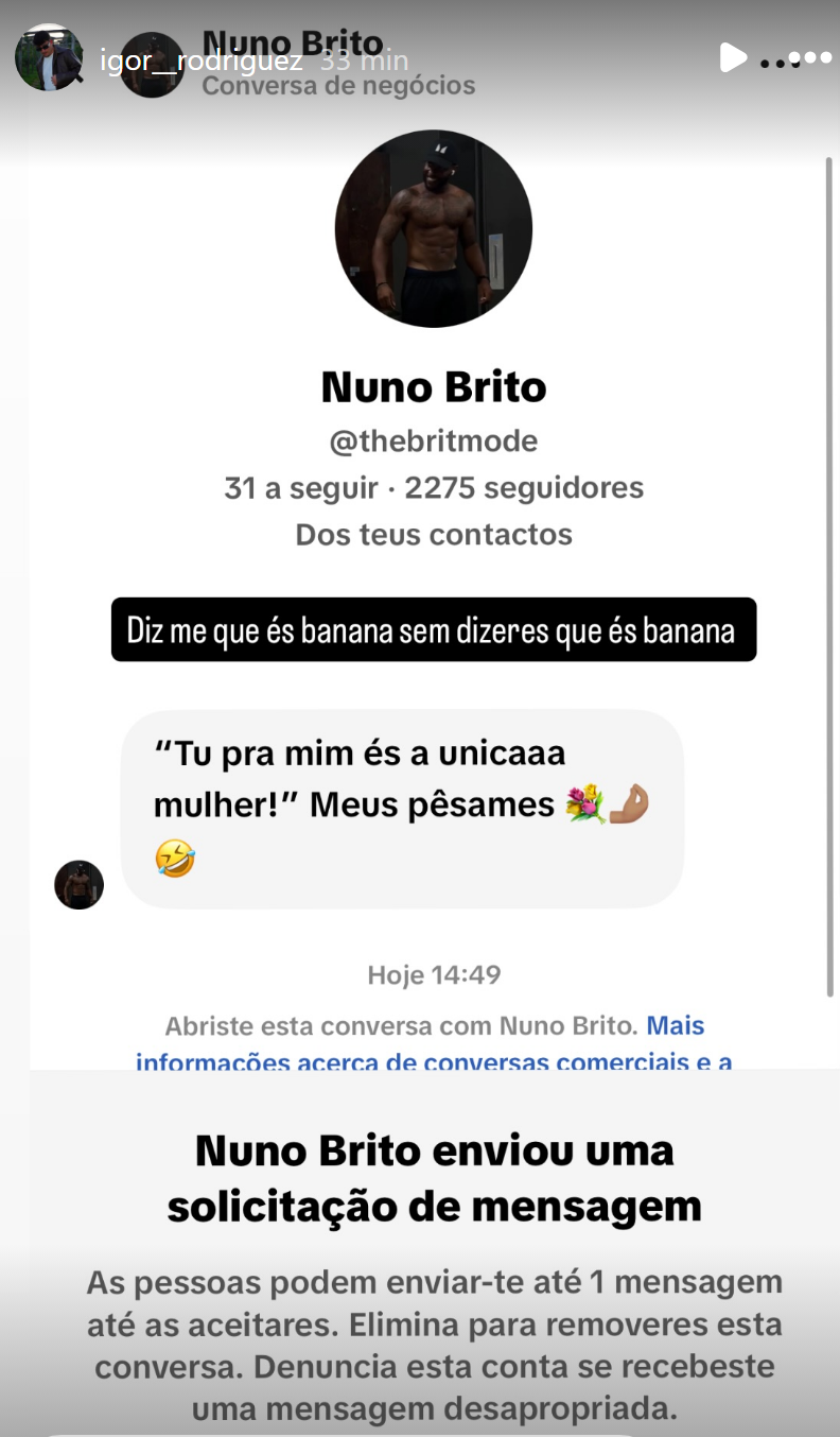 Igor Rodriguez expõe mensagem de Nuno Brito após suspeita de separação de Lisa