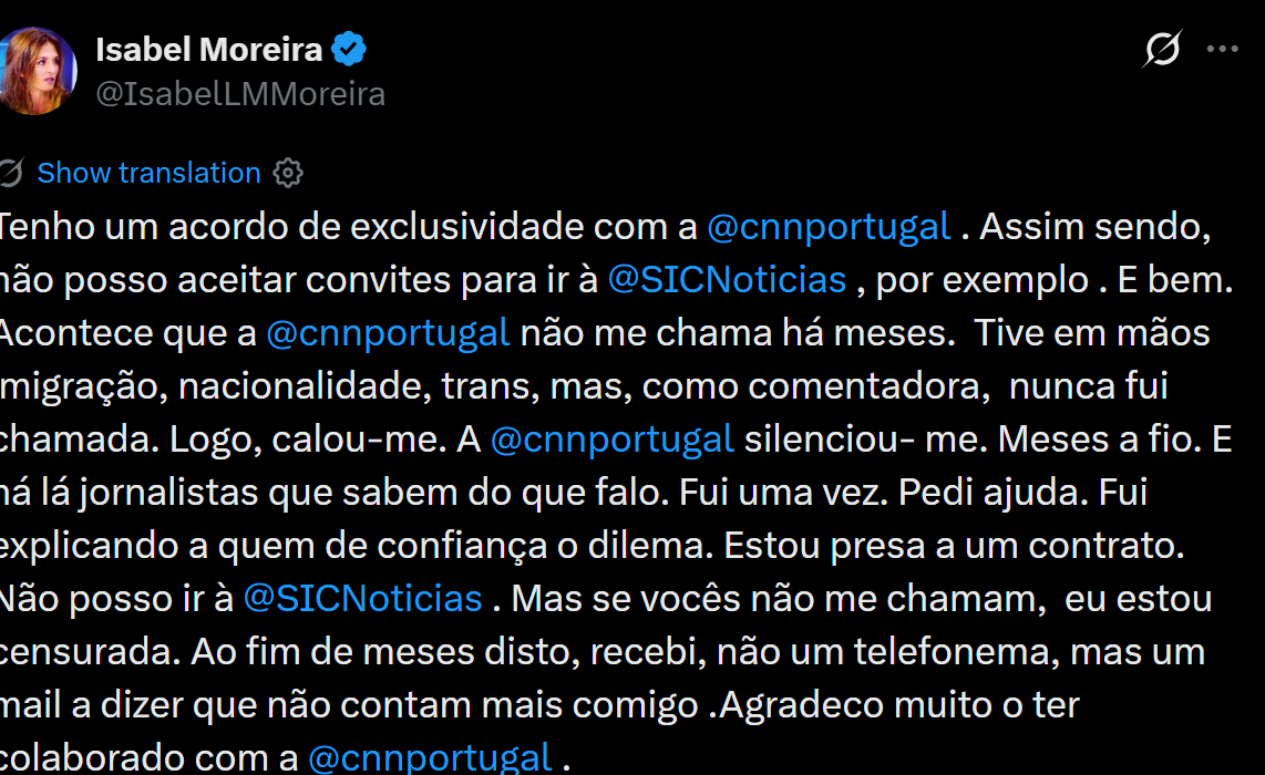 Isabel Moreira denuncia "censura" e fim de contrato por e-mail: "A CNN Portugal silenciou-me"