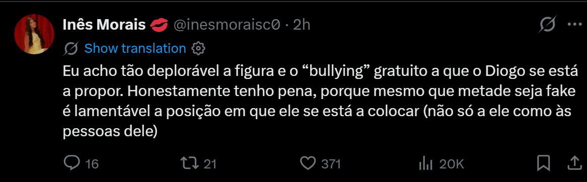 "Bullying gratuito": Inês Morais condena ataques de Numeiro e lamenta postura de Diogo Maia