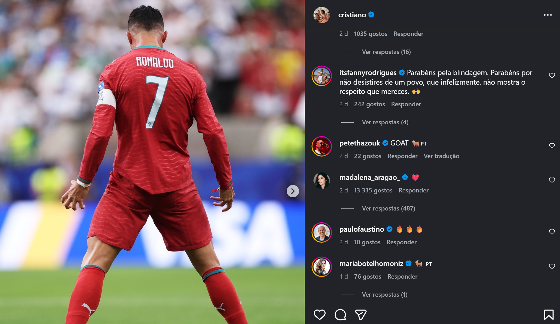 Madalena Aragão surpreende com comentário na publicação de Cristiano Ronaldo e Georgina Rodríguez