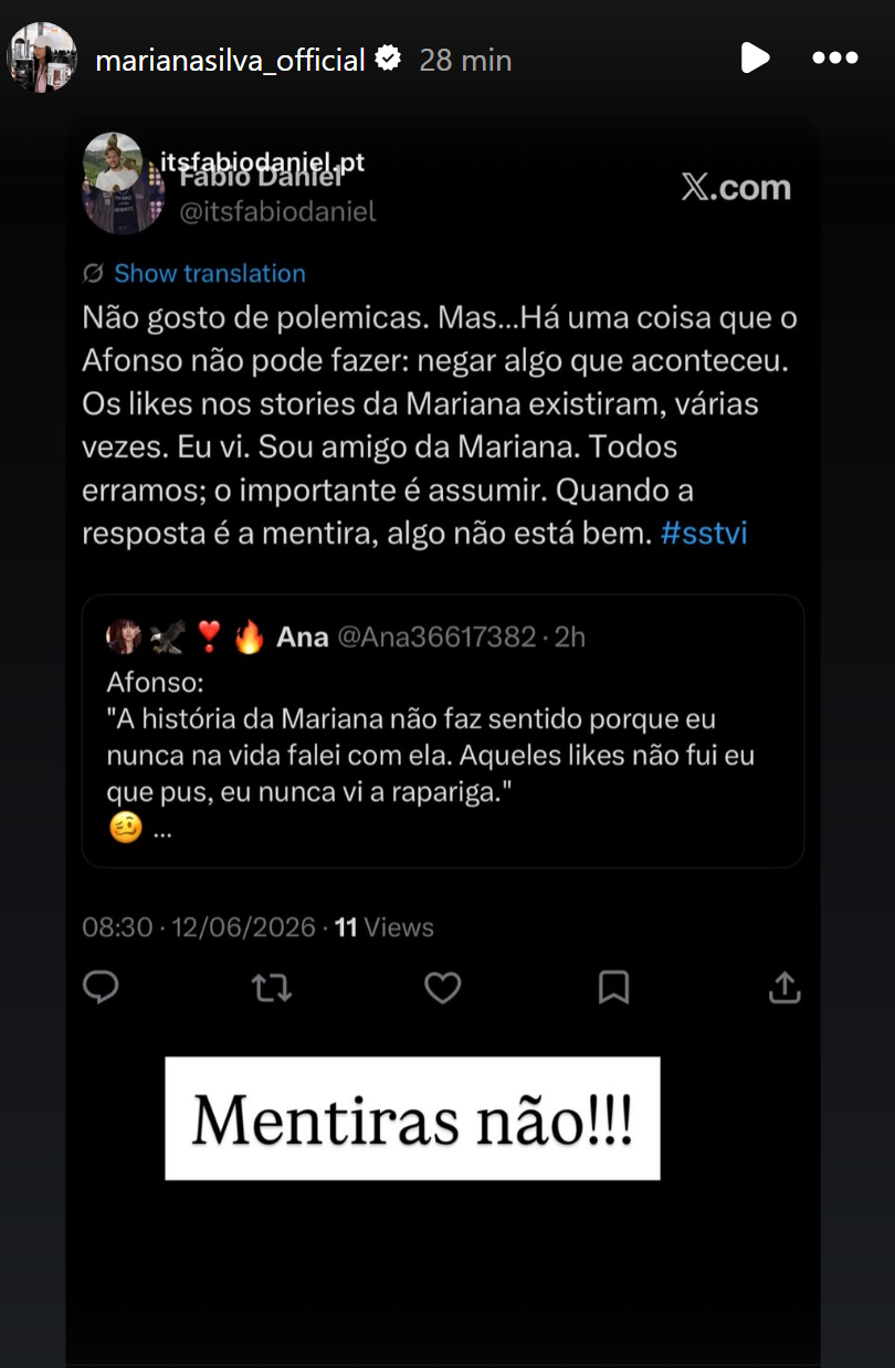 Polémica dos 'likes' continua: Mariana Silva confirma versão de Fábio Daniel e expõe Afonso Leitão