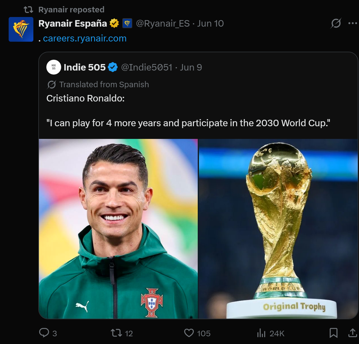 Ryanair eleva a fasquia nas redes sociais e 'ataca' Cristiano Ronaldo antes do Mundial