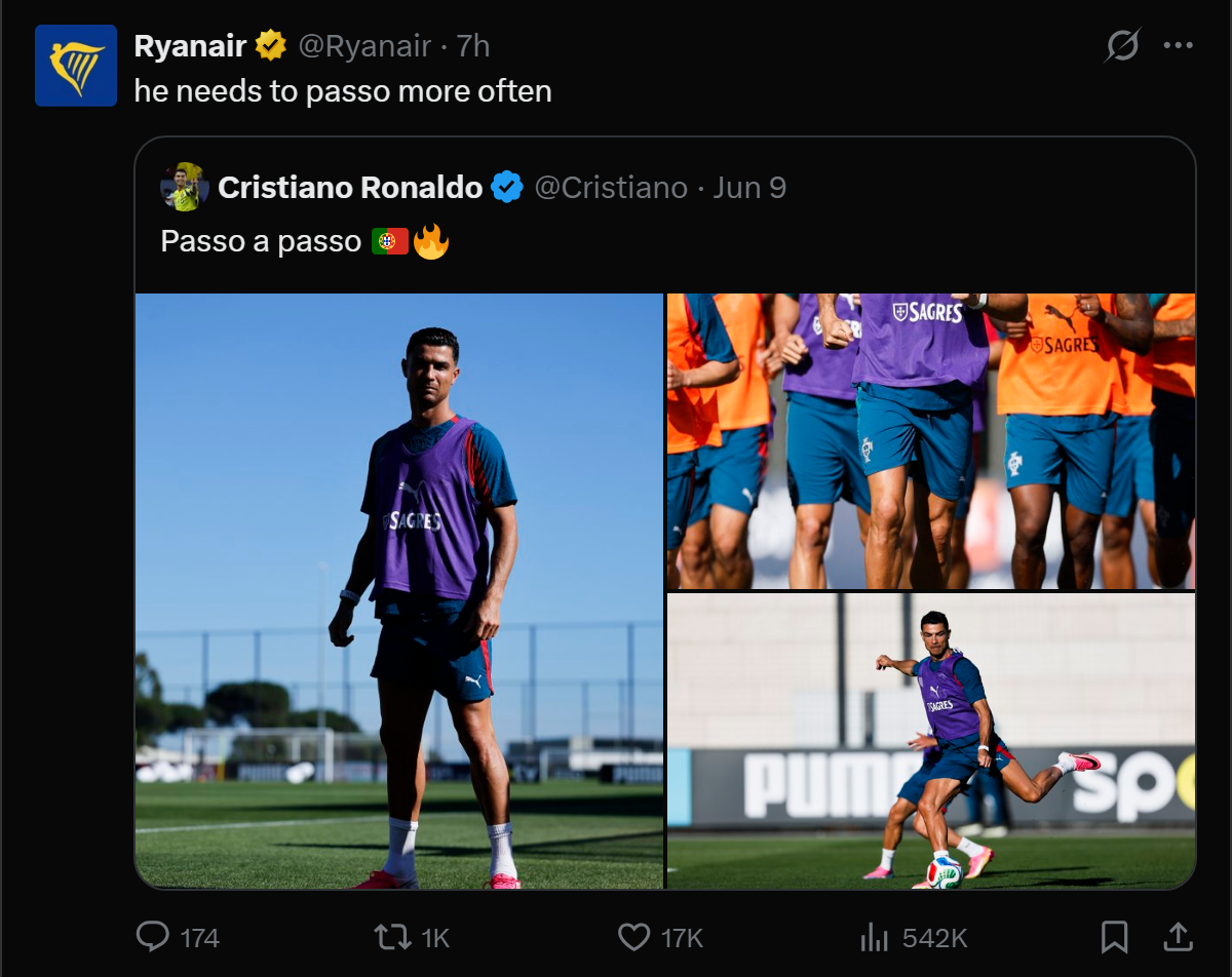 Ryanair eleva a fasquia nas redes sociais e 'ataca' Cristiano Ronaldo antes do Mundial