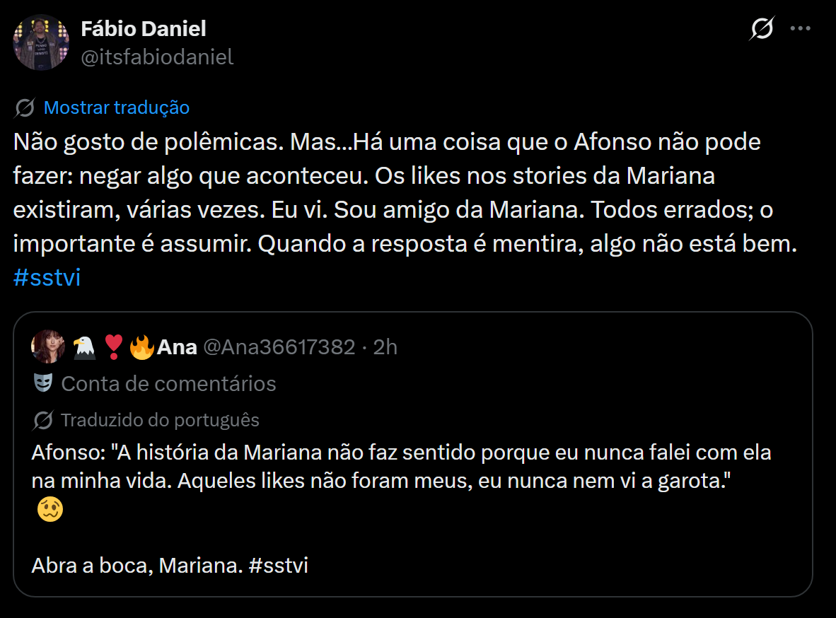 Fábio Daniel desmente Afonso Leitão após entrevista na TVI: "Os likes existiram"