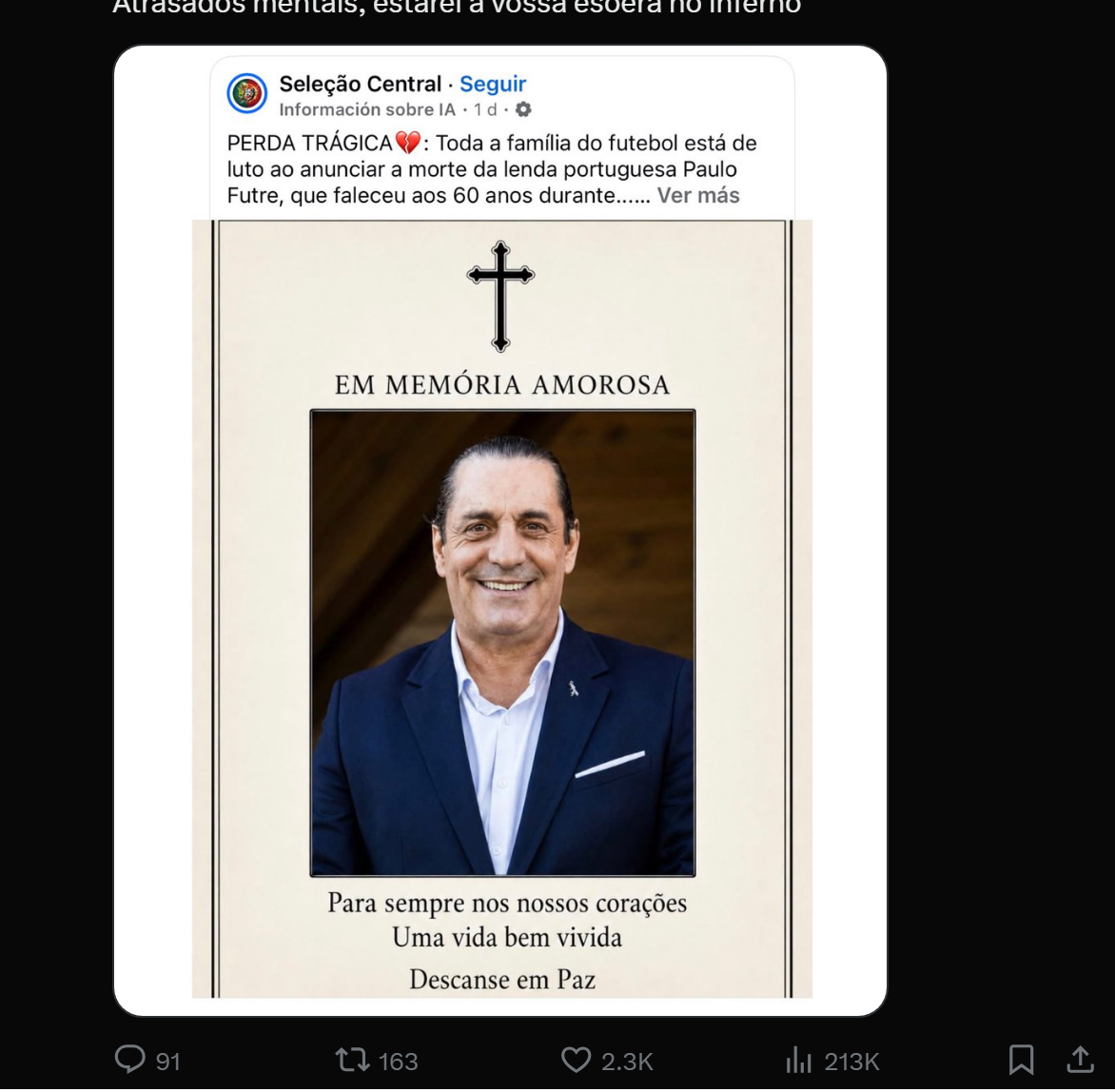 Paulo Futre revolta-se com notícia falsa sobre a sua morte: "Estarei à vossa espera no inferno"