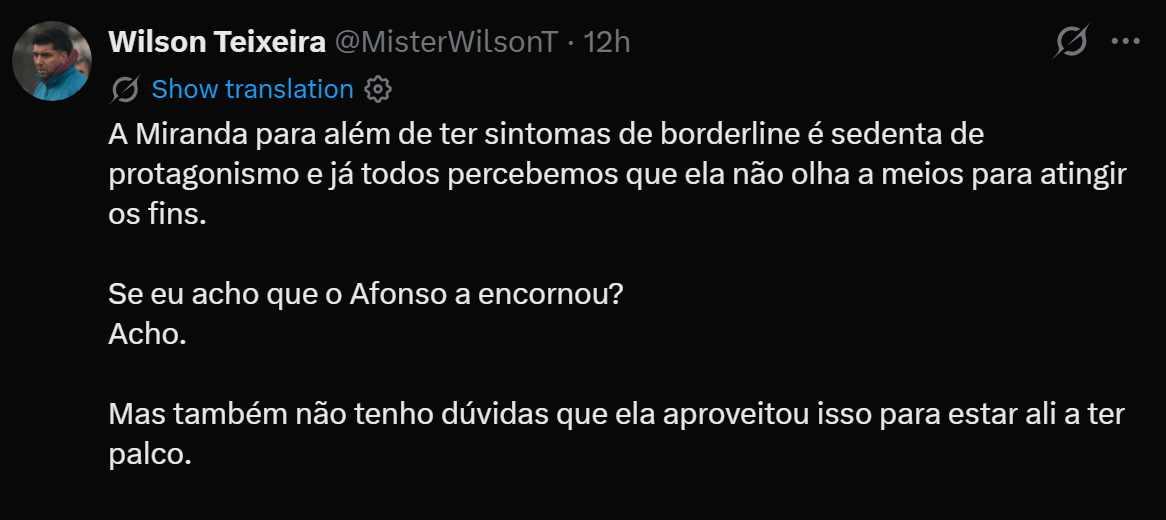 Desde "Sintomas de borderline" a "sede de protagonismo": Wilson 'ataca' Catarina Miranda e aponta