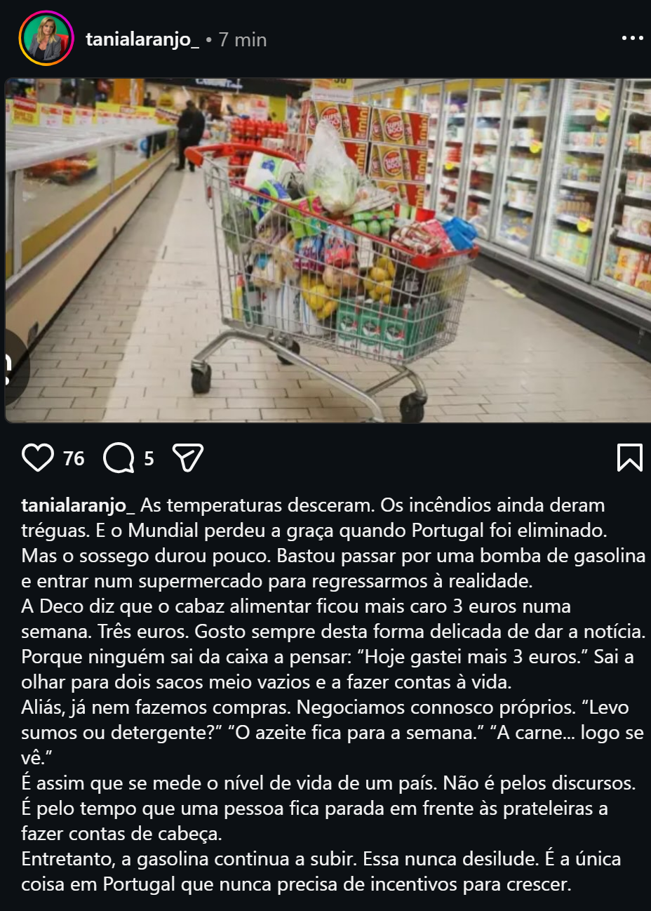 Tânia Laranjo critica aumento do custo de vida em Portugal