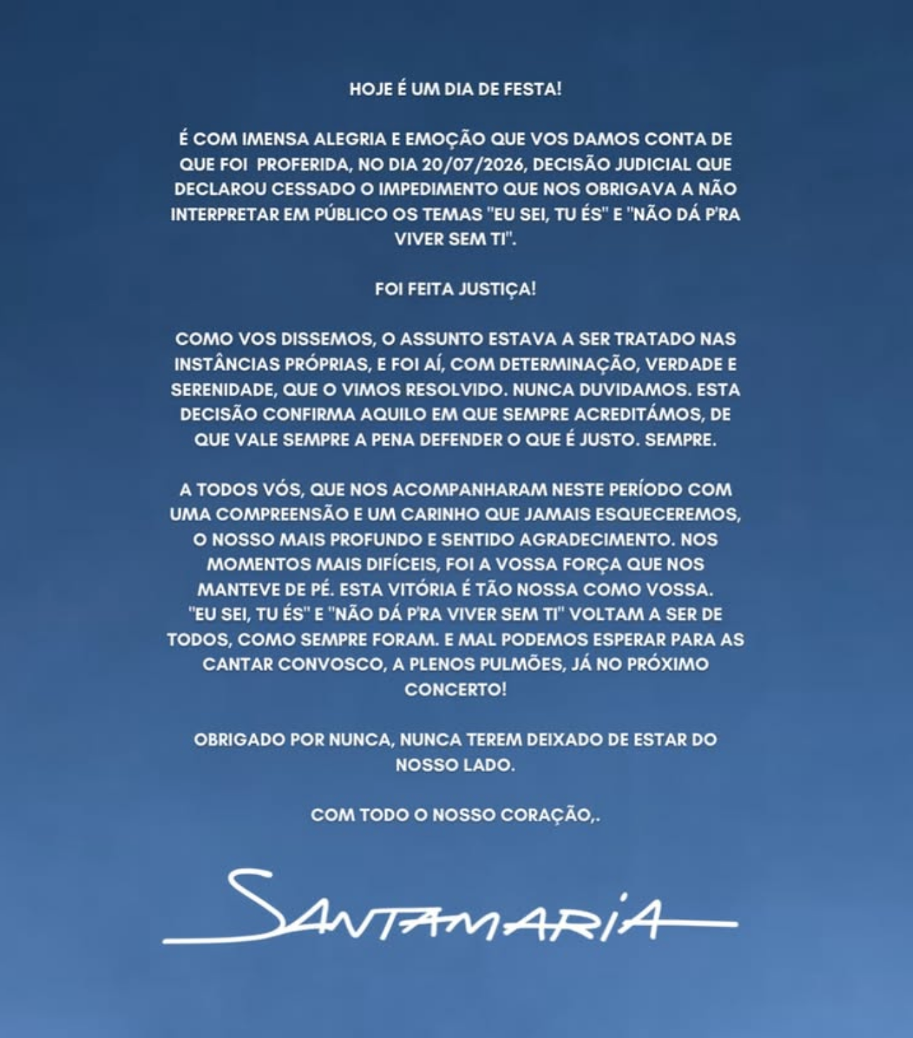 Santamaria emitem comunicado oficial e anunciam vitória em tribunal