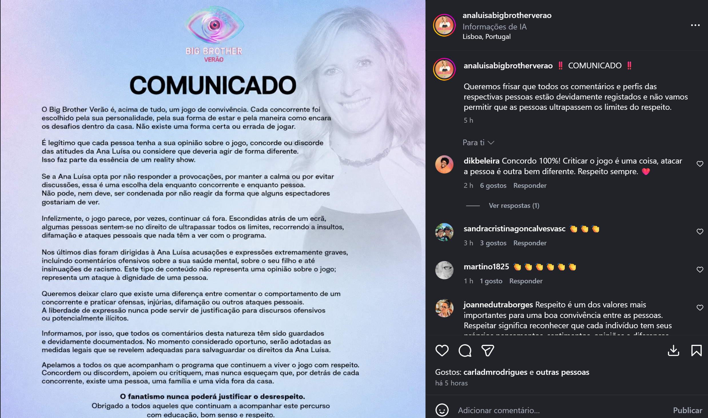Equipa de Ana Luísa reagem a "Ataque à dignidade" e fazem aviso a espectadores do «Big Brother Verão»