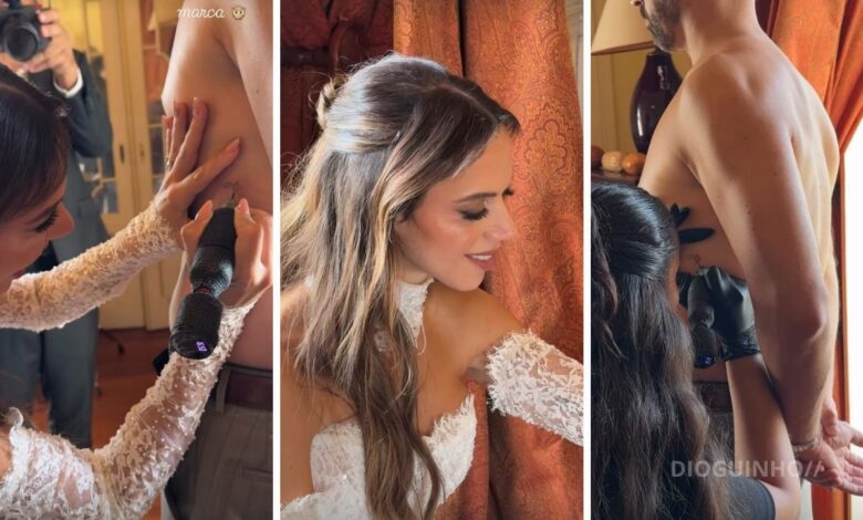 "Marcados para sempre": Ágata Rodrigues e Ricardo Guilherme tatuam iniciais durante a festa de casamento