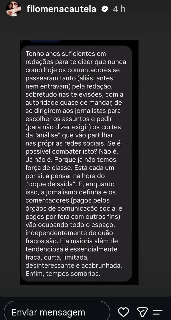 Filomena Cautela arrasa painéis de comentário na televisão: "A maioria é fraca e tendenciosa"