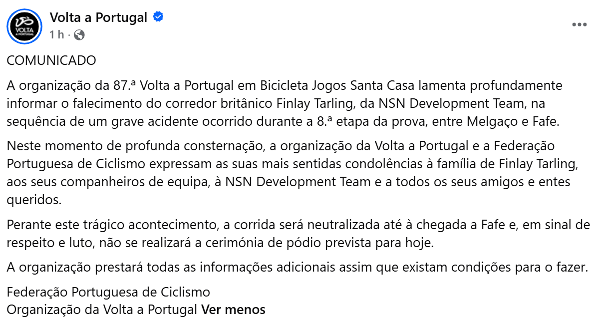 Tragédia na Volta a Portugal após atropelamento mortal de Finlay Tarling