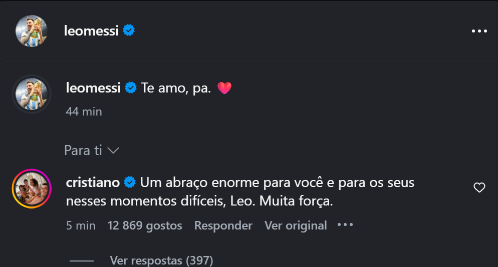 Cristiano Ronaldo deixa mensagem de apoio a Lionel Messi em momento de luto