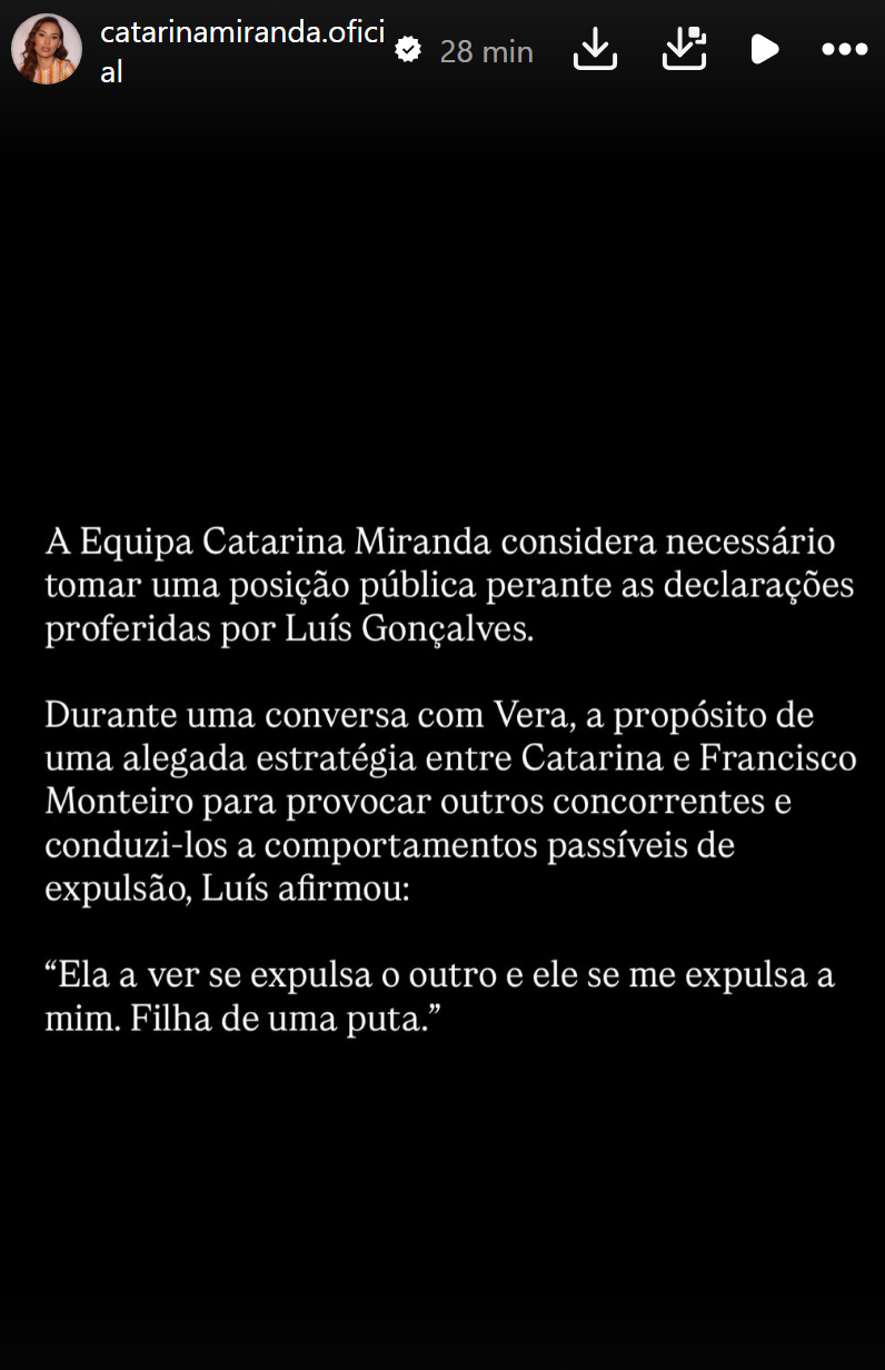 "Filha de uma p***": Equipa de Catarina Miranda faz exigência após ofensa de Luís Gonçalves no «BB All Stars»