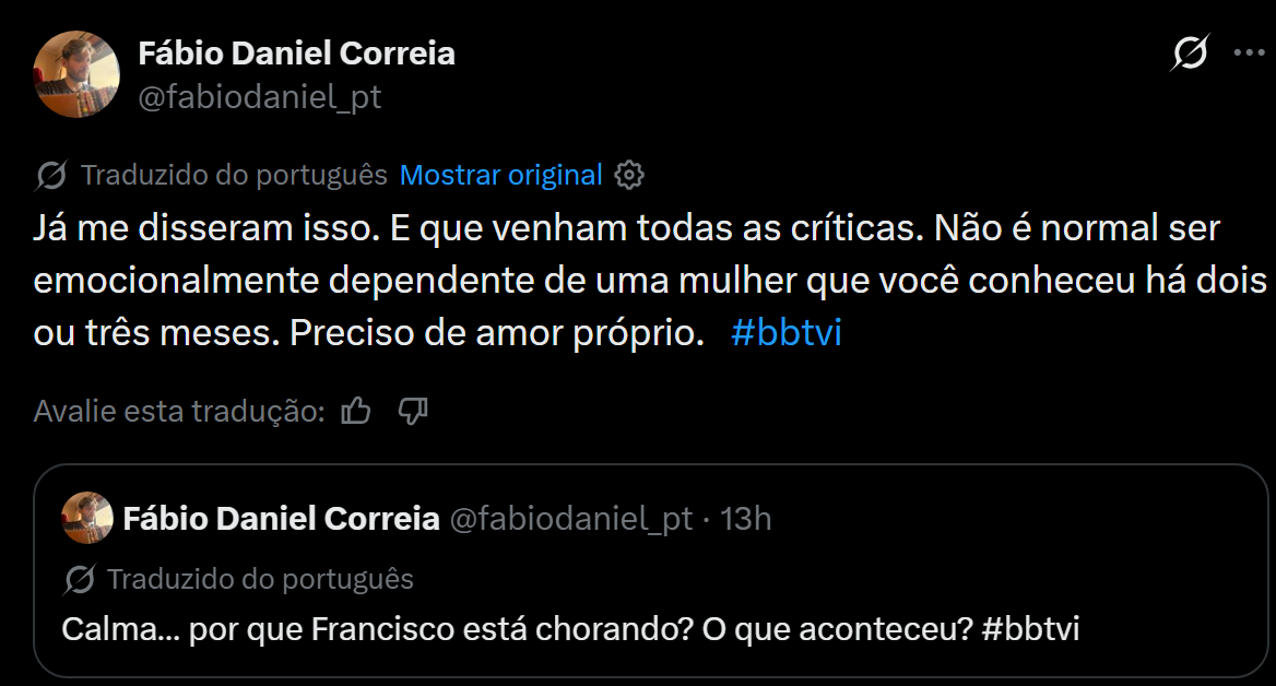 Fábio Daniel 'arrasa' lágrimas de Francisco Monteiro na 'Gala' do «BB All Stars» e aponta para 'dependência emocional'