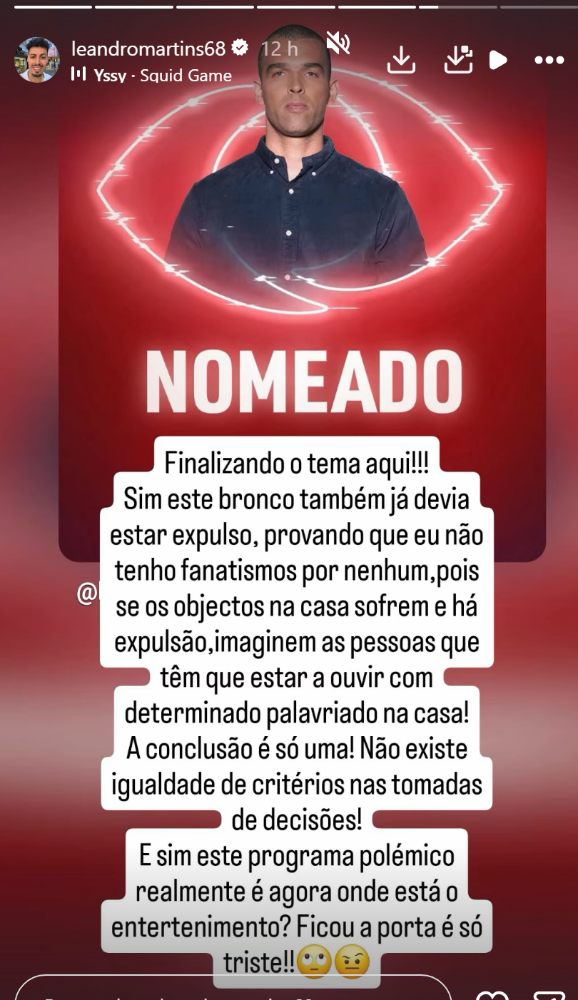 "Há filhos e enteados nesta casa!": Leandro Martins revolta-se com a produção do 'Big Brother' na TVI após expulsão de Érica Silva
