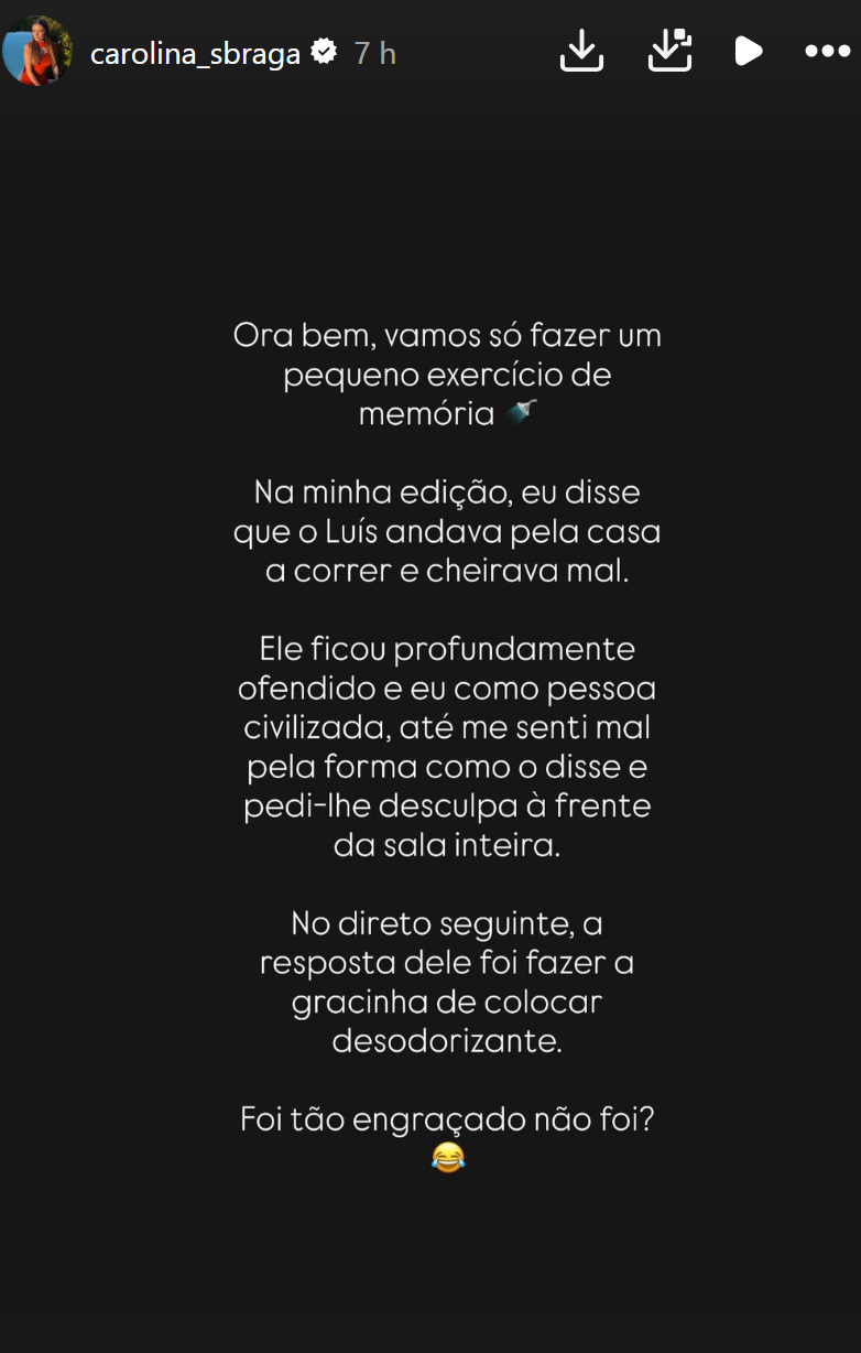 Carolina Braga ataca 'hipocrisia' e manda Luís Gonçalves tomar banho no 'Big Brother All Stars'